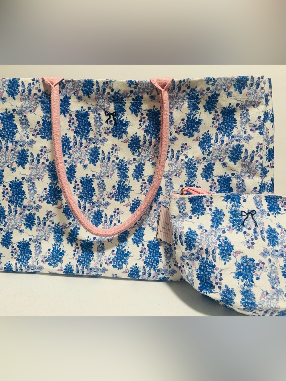 Simply Southern Blue Floral Tote with Pink Handles and Matching Pouch
